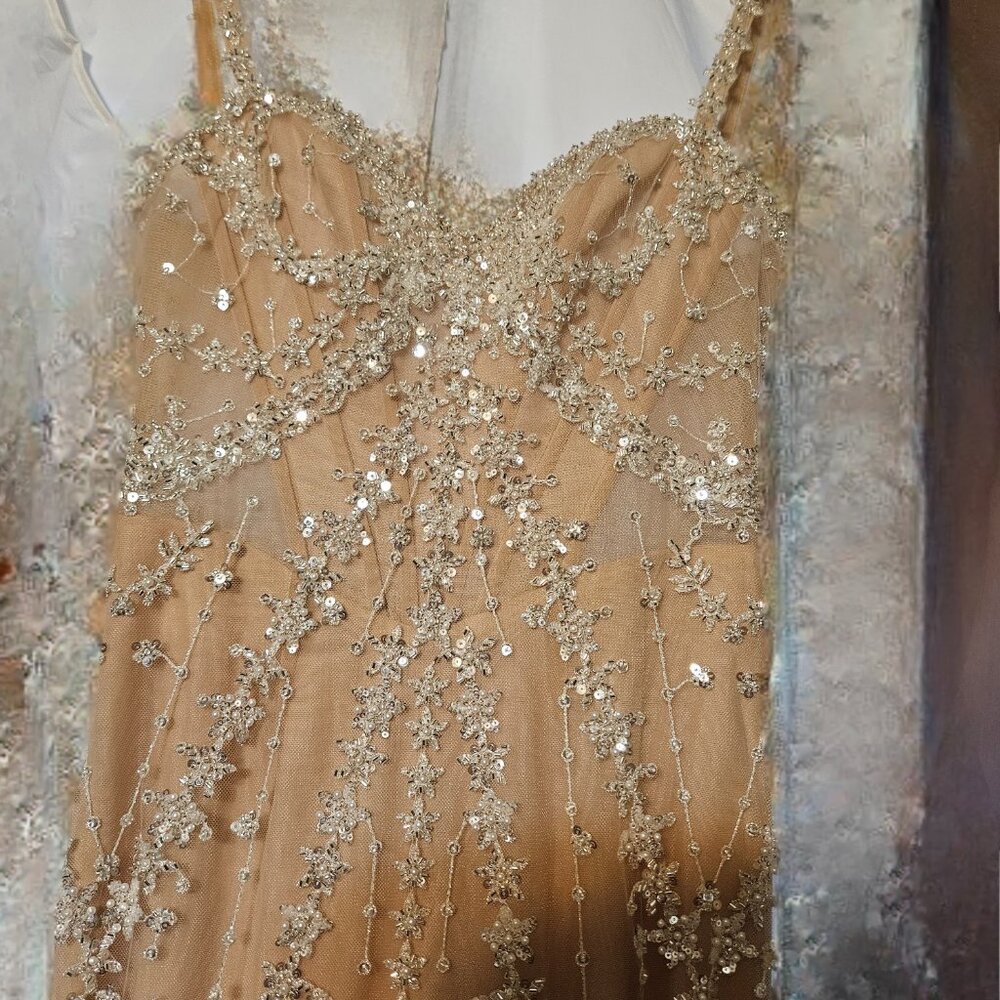 Elegant Prom or Bridesmaid dress, Size 6, flesh tone, beaded gown,